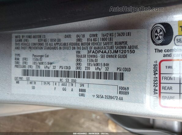3FADP4AJ3JM120150 2018 FORD FIESTA Silver Engine compartment view