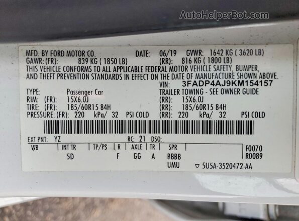 3FADP4AJ9KM154157 2019 FORD FIESTA Белый Вид подкапотного пространства