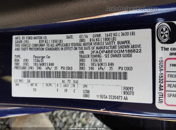 3FADP4BE0GM188822 2016 FORD FIESTA Dark Blue Շարժիչի բաժամունքի տեսք