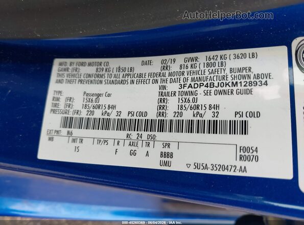 3FADP4BJ0KM128934 2019 FORD FIESTA Синий 