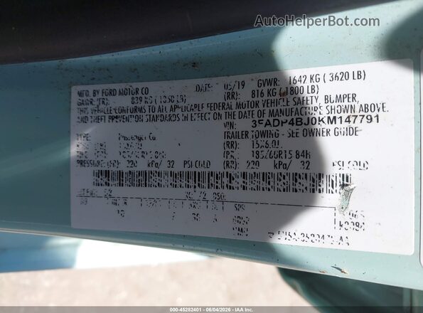 3FADP4BJ0KM147791 2019 FORD FIESTA Light Blue Vista del compartimento del motor