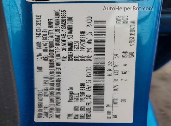 3FADP4BJ1GM201865 2016 FORD FIESTA Blue 