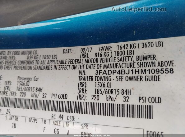 3FADP4BJ1HM109558 2017 FORD FIESTA Blue Engine compartment view