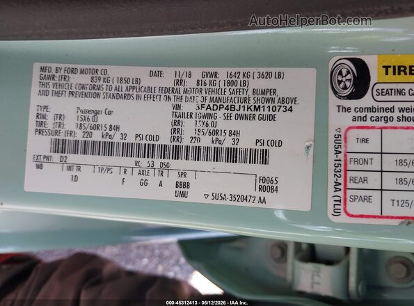 3FADP4BJ1KM110734 2019 FORD FIESTA Green Вид підкапотного простору
