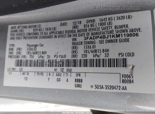 3FADP4BJ1KM119806 2019 FORD FIESTA Silver Engine compartment view