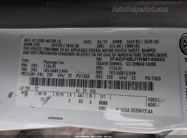 3FADP4BJ1KM145662 2019 FORD FIESTA White Շարժիչի բաժամունքի տեսք