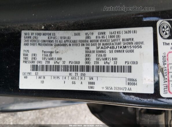 3FADP4BJ1KM151056 2019 FORD FIESTA Black Vista del compartimento del motor