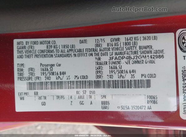 3FADP4BJ2GM142986 2016 FORD FIESTA Красный Вид подкапотного пространства