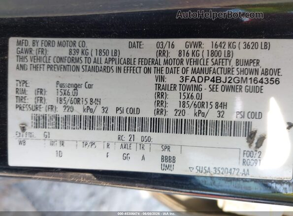 3FADP4BJ2GM164356 2016 FORD FIESTA Black Вид підкапотного простору