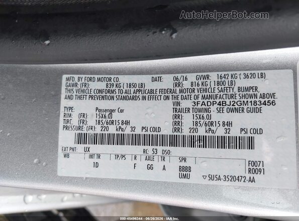 3FADP4BJ2GM183456 2016 FORD FIESTA Silver Widok komory silnika