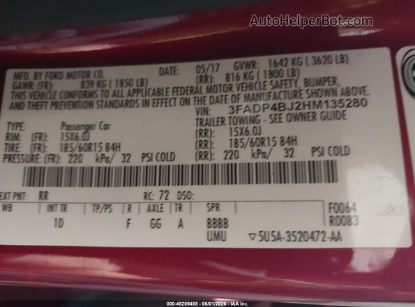 3FADP4BJ2HM135280 2017 FORD FIESTA Red Engine compartment view