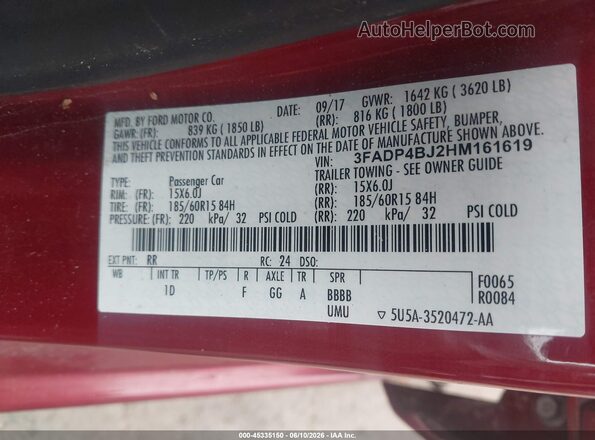 3FADP4BJ2HM161619 2017 FORD FIESTA Бордовый Вид подкапотного пространства
