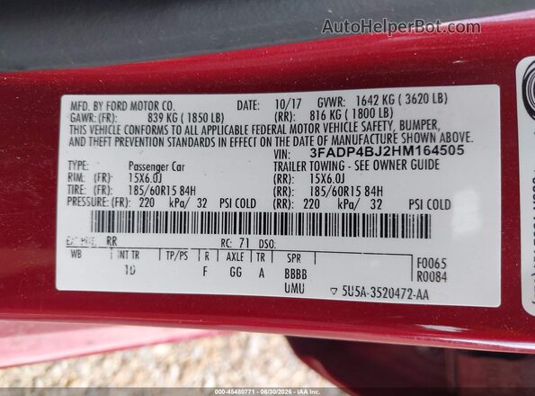 3FADP4BJ2HM164505 2017 FORD FIESTA Red ძრავის განყოფილების ხედი