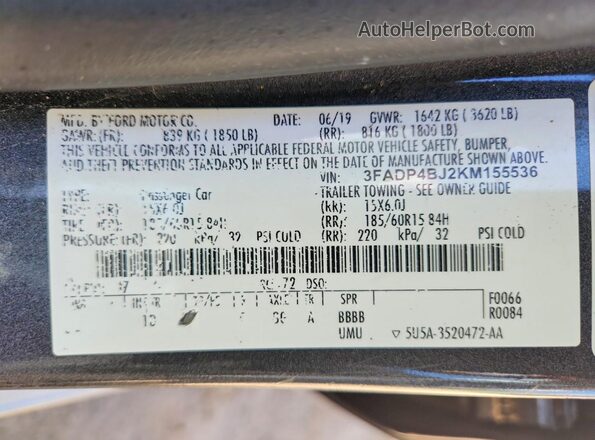 3FADP4BJ2KM155536 2019 FORD FIESTA Gray 