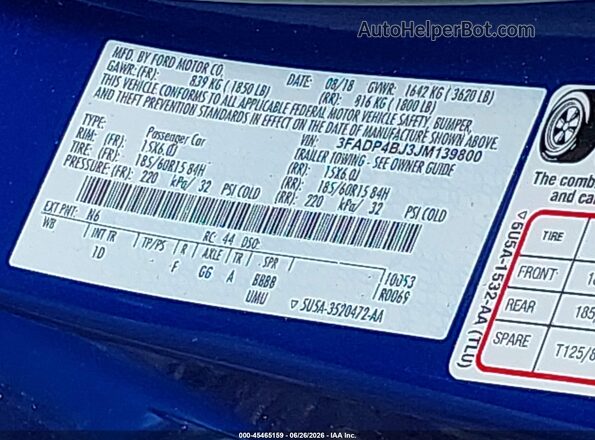 3FADP4BJ3JM139800 2018 FORD FIESTA Blue Շարժիչի բաժամունքի տեսք
