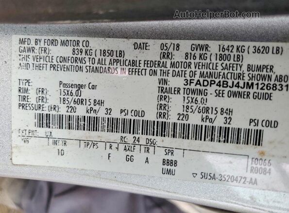 3FADP4BJ4JM126831 2018 FORD FIESTA Silver VIN კოდის სტიკერის ხედი