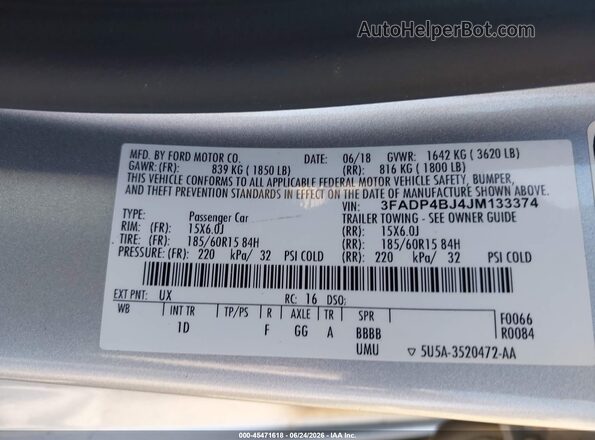 3FADP4BJ4JM133374 2018 FORD FIESTA Silver Widok komory silnika