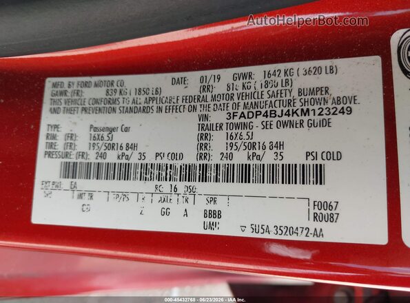 3FADP4BJ4KM123249 2019 FORD FIESTA Красный Вид подкапотного пространства