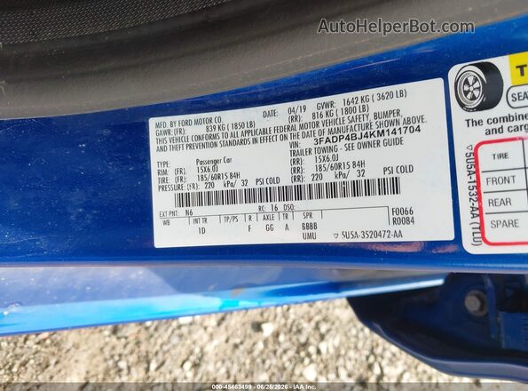 3FADP4BJ4KM141704 2019 FORD FIESTA Blue Widok komory silnika