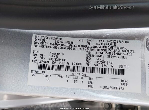 3FADP4BJ5HM159458 2017 FORD FIESTA Silver ძრავის განყოფილების ხედი