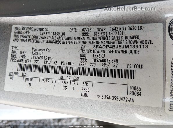 3FADP4BJ5JM139118 2018 FORD FIESTA Silver ძრავის განყოფილების ხედი