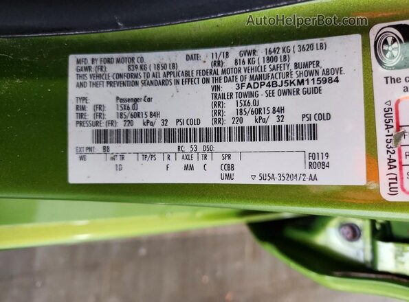 3FADP4BJ5KM115984 2019 FORD FIESTA Green Vista del compartimento del motor