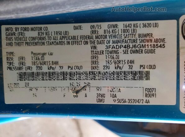 3FADP4BJ6GM118545 2016 FORD FIESTA Blue Շարժիչի բաժամունքի տեսք
