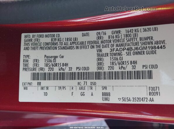 3FADP4BJ6GM198445 2016 FORD FIESTA Red Vista del compartimento del motor