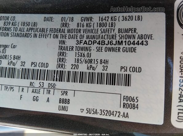 3FADP4BJ6JM104443 2018 FORD FIESTA Gray Engine compartment view