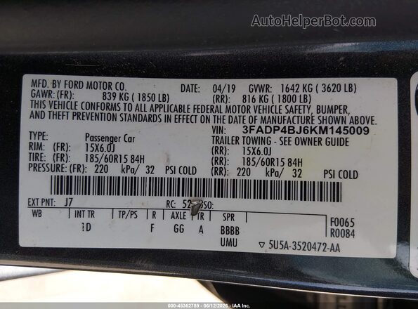 3FADP4BJ6KM145009 2019 FORD FIESTA Серый Вид подкапотного пространства