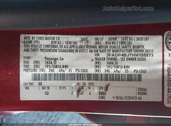 3FADP4BJ7HM155573 2017 FORD FIESTA Red Vista del compartimento del motor