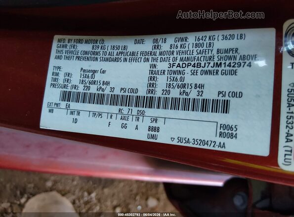 3FADP4BJ7JM142974 2018 FORD FIESTA Red 