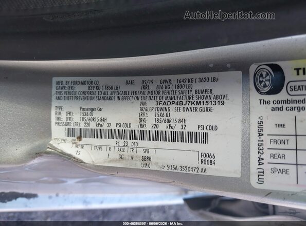 3FADP4BJ7KM151319 2019 FORD FIESTA Серебряный Вид подкапотного пространства