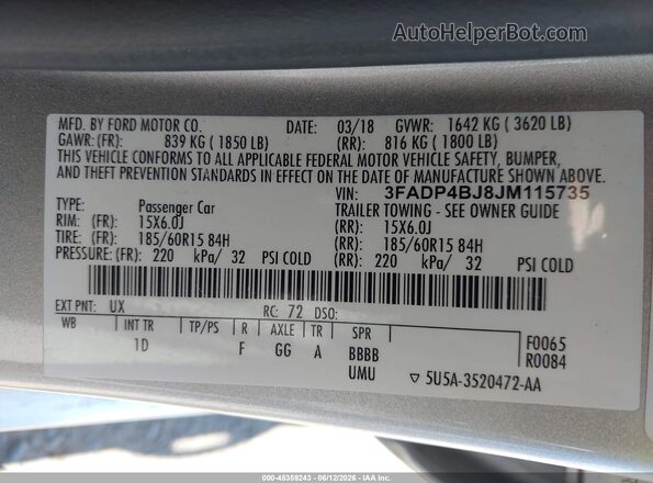 3FADP4BJ8JM115735 2018 FORD FIESTA Silver Widok komory silnika