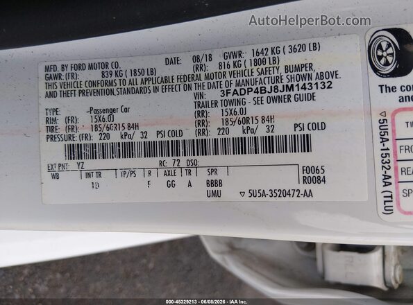 3FADP4BJ8JM143132 2018 FORD FIESTA White Widok komory silnika