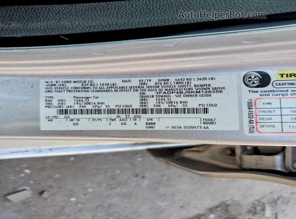 3FADP4BJ9KM126356 2019 FORD FIESTA Silver 