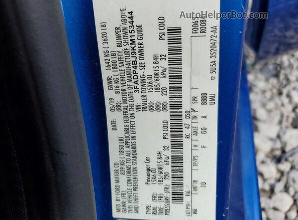 3FADP4BJ9KM153444 2019 FORD FIESTA Blue VIN կոդի պիտակի տեսք