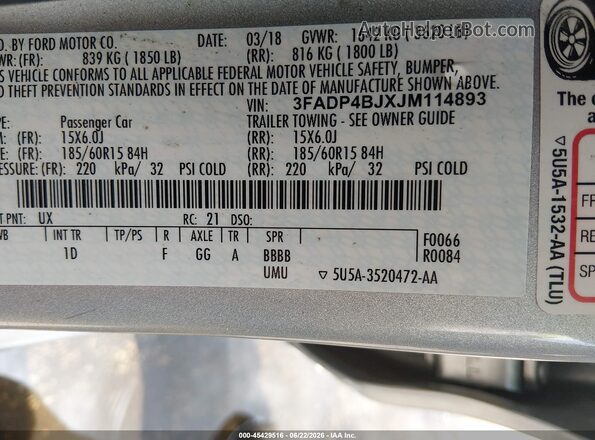 3FADP4BJXJM114893 2018 FORD FIESTA Silver Widok komory silnika