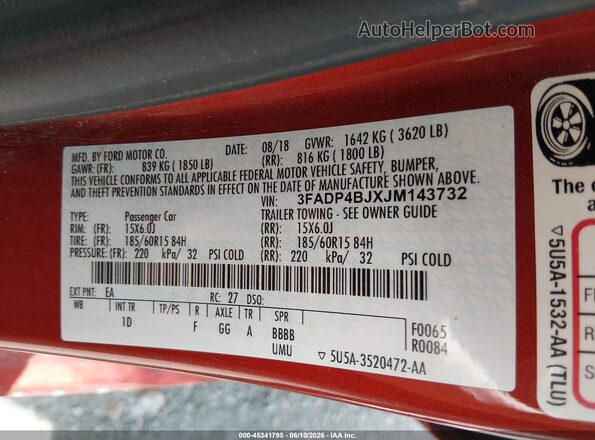 3FADP4BJXJM143732 2018 FORD FIESTA Красный Вид подкапотного пространства