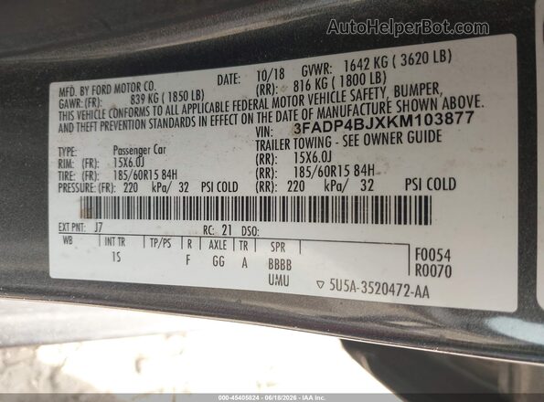 3FADP4BJXKM103877 2019 FORD FIESTA Gray Շարժիչի բաժամունքի տեսք