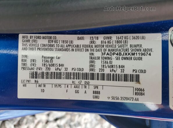 3FADP4BJXKM119674 2019 FORD FIESTA Синий Вид подкапотного пространства