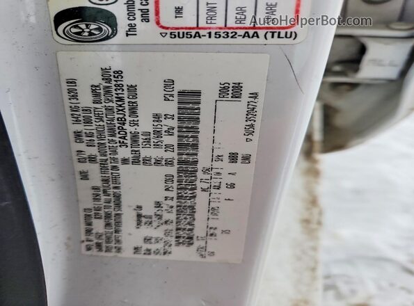 3FADP4BJXKM138158 2019 FORD FIESTA White VIN կոդի պիտակի տեսք
