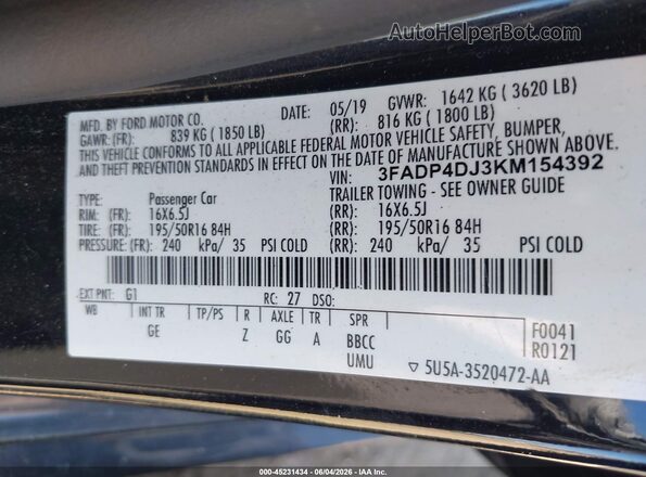 3FADP4DJ3KM154392 2019 FORD FIESTA Черный 