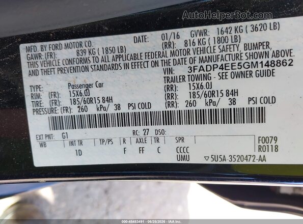 3FADP4EE5GM148862 2016 FORD FIESTA Black Widok komory silnika
