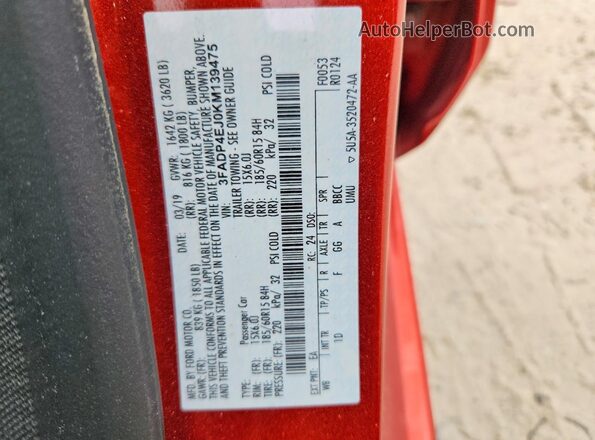 3FADP4EJ0KM139475 2019 FORD FIESTA Red VIN կոդի պիտակի տեսք