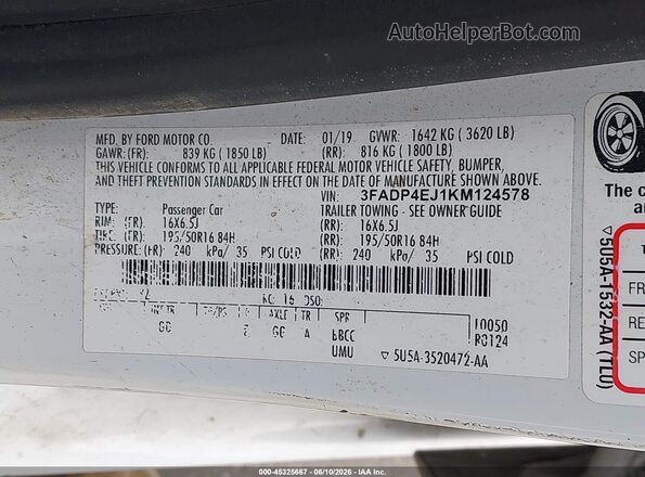 3FADP4EJ1KM124578 2019 FORD FIESTA White Widok komory silnika