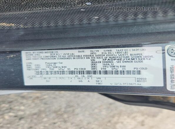 3FADP4EJ1KM132812 2019 FORD FIESTA Gray 