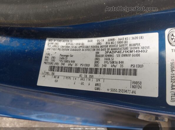 3FADP4EJ1KM149402 2019 FORD FIESTA Blue Vista del compartimento del motor