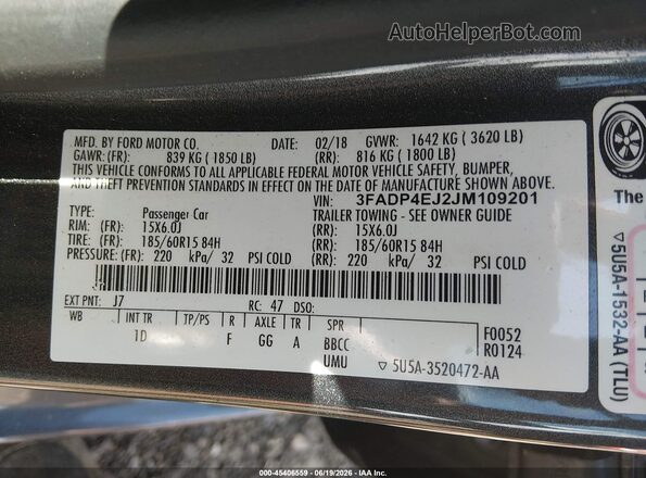 3FADP4EJ2JM109201 2018 FORD FIESTA Gray Вид підкапотного простору