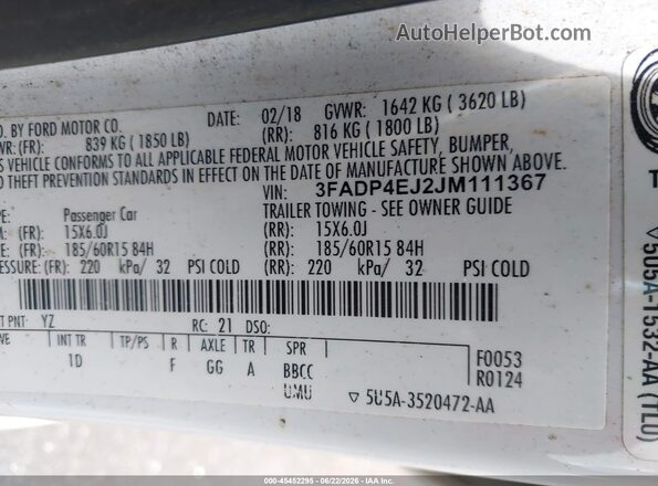 3FADP4EJ2JM111367 2018 FORD FIESTA White Engine compartment view